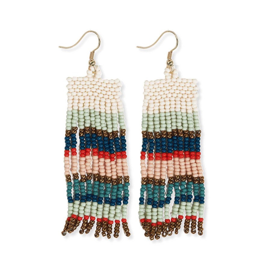 Jewelry Ink + Alloy | Adaline Horizontal Stripes Beaded Fringe Earrings Teal & Poppy