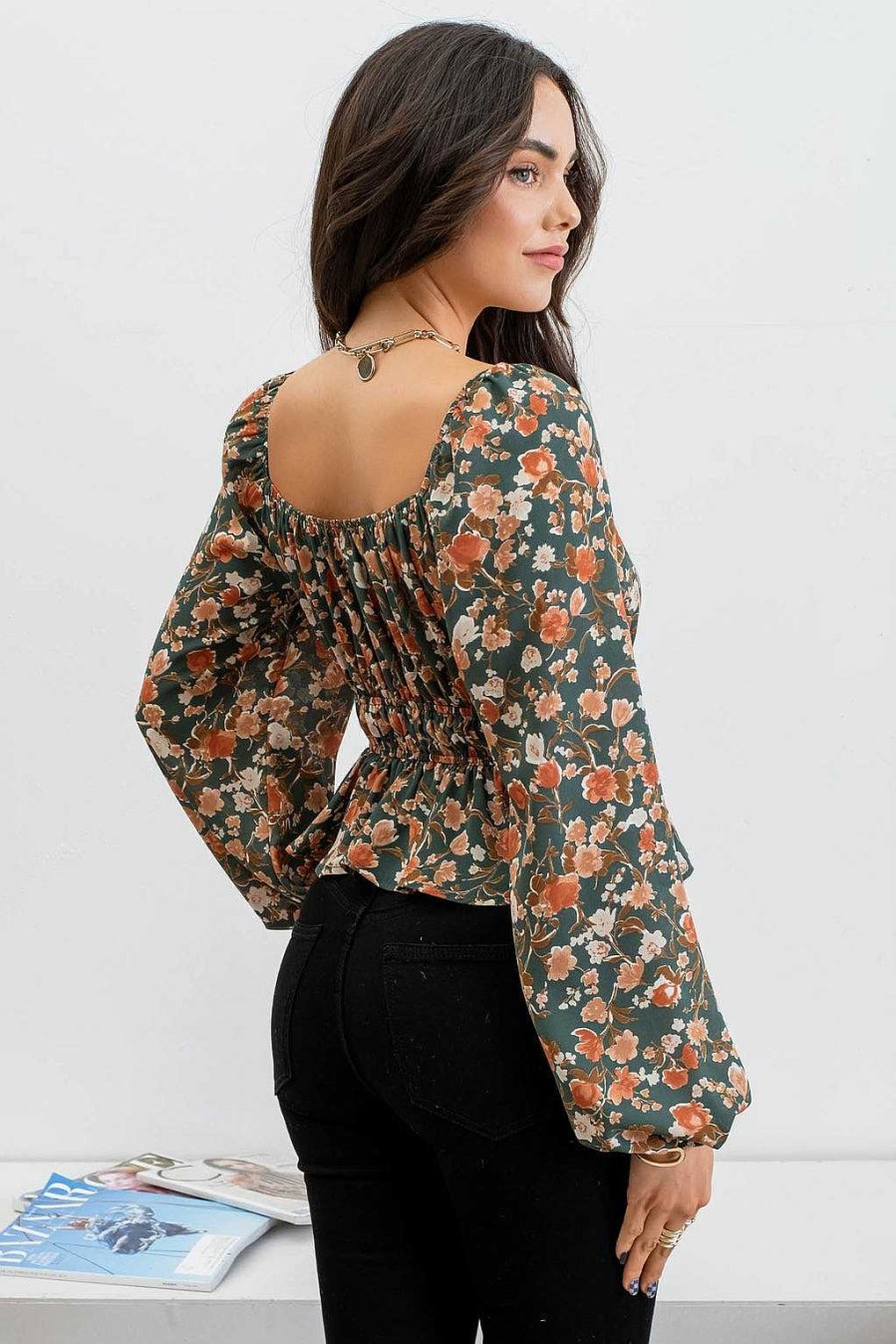 Apparel Blu Pepper | Evergreen Blooms Peplum Top