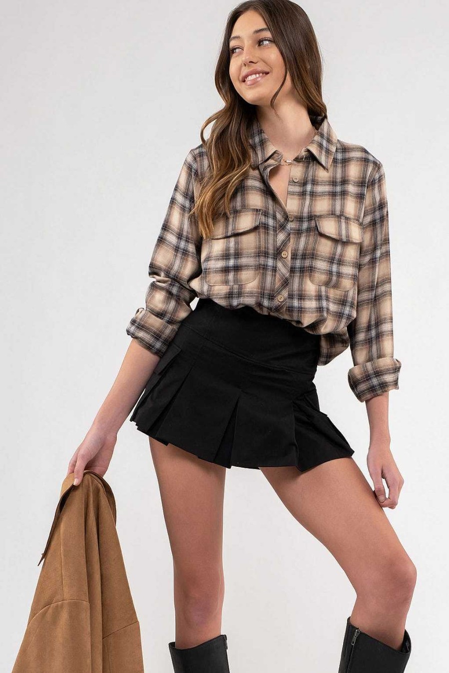 Apparel Blu Pepper | Charming Khaki Plaid Lightweight Top