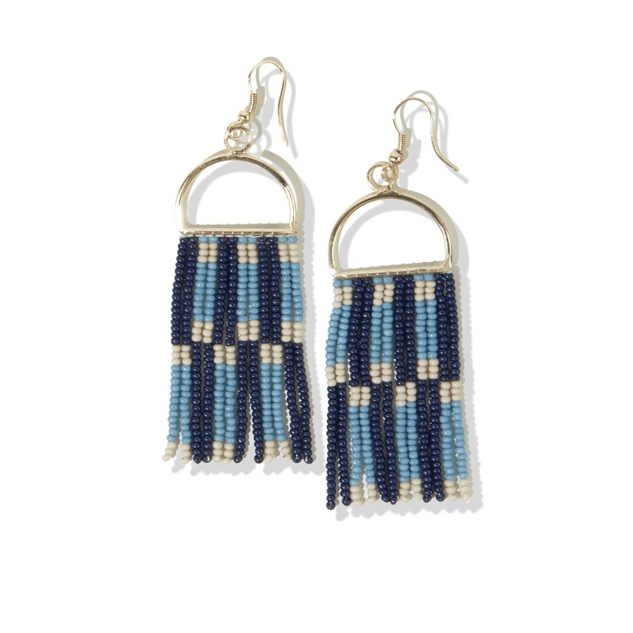 Jewelry Ink + Alloy | Allison Check Stripe Beaded Fringe Earrings Navy