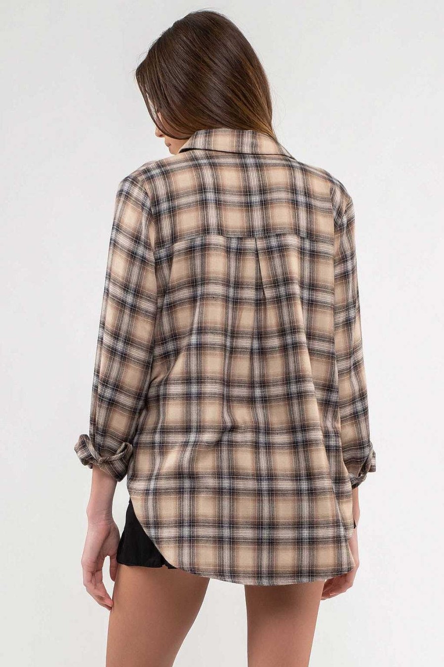 Apparel Blu Pepper | Charming Khaki Plaid Lightweight Top