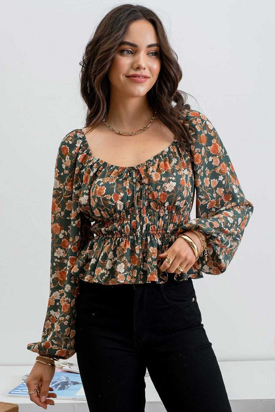 Apparel Blu Pepper | Evergreen Blooms Peplum Top